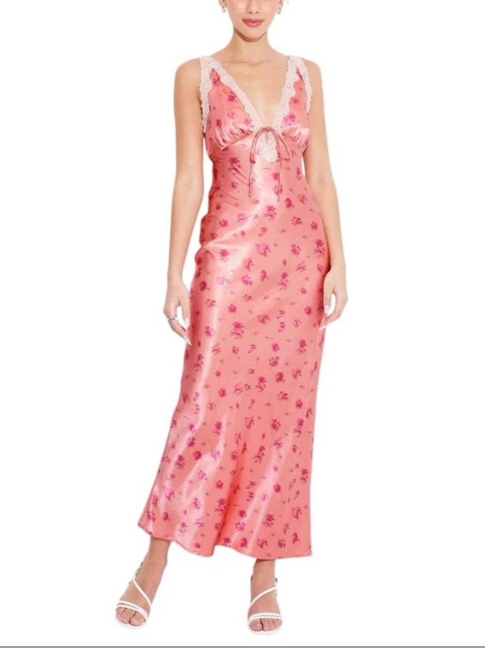 Wild Fable Size M Satin Lace Silky Deep V neck Slip Dress Floral Pink NEW